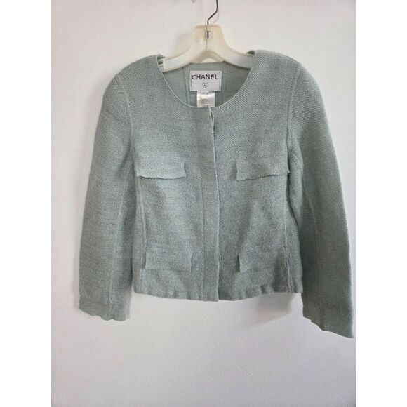 Chanel Light Green Virgin Wool/Silk Made in France Tweed Blazer Jacket size EU40 - Picture 1 of 9